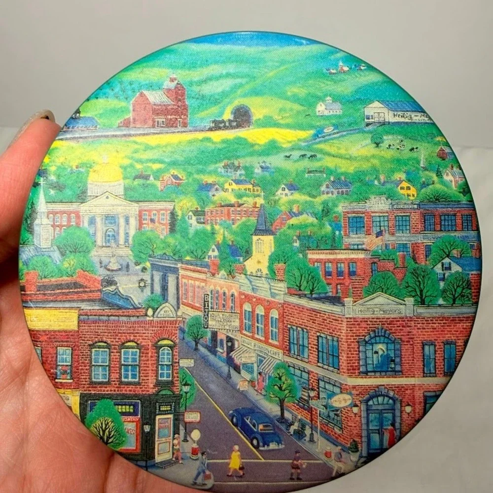 Vintage Heilig-Meyers‎ Folk Art Small Town Main Street Coaster Set with Tin 4pc
